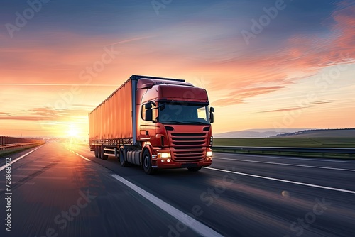 Scenic sunrise sunset with large heavy truck carrying shipping container on highway