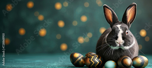black and white rabbit with gold and black easter eggs on emerald background photo