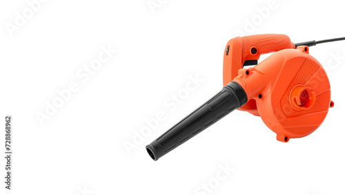 Closeup of orange electric air blower isolated on white copy-space background. (ID: 728868962)