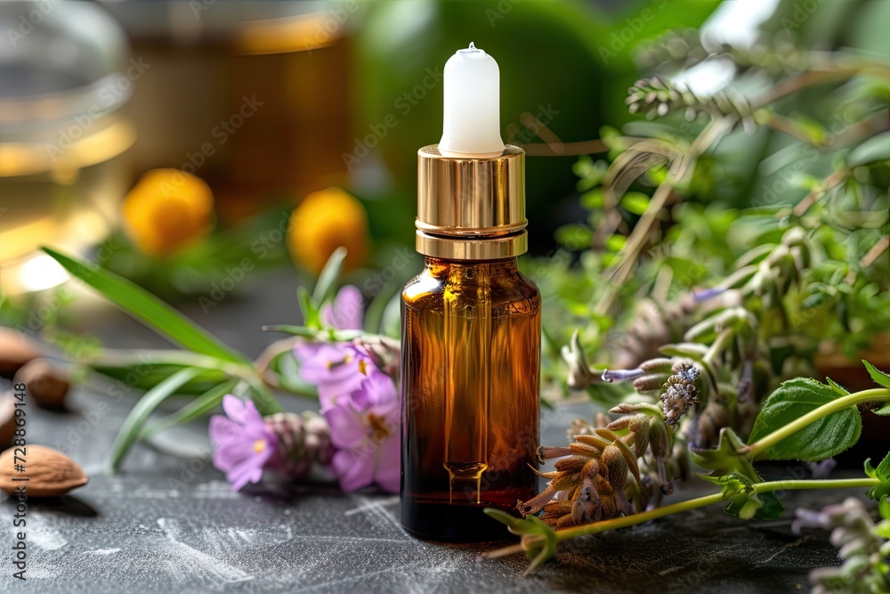 Small bottle containing natural essential oil for aromatherapy herbal medicine and homemade skincare