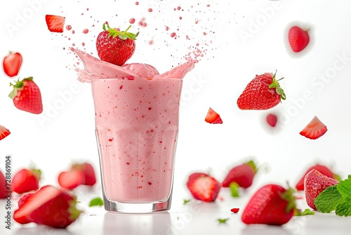 Smoothie with banana and strawberry in a glass fresh strawberries and bananas on a wooden background