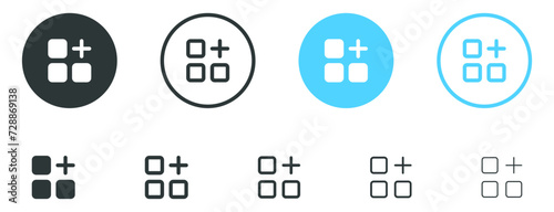 Add, new, plus icon symbol. layout grid, new menu icon - create more icons button in filled, thin line, outline and stroke style for apps and website