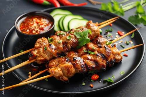 Skewered grilled meat served with spicy salad cucumber chili and soy sauce