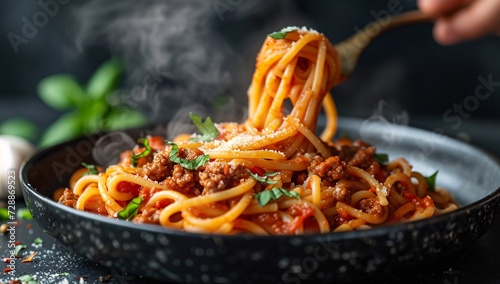 A steaming bowl of al dente spaghetti, coated in rich meat sauce and sprinkled with melted cheese, evokes memories of cozy italian cuisine enjoyed indoors with loved ones photo
