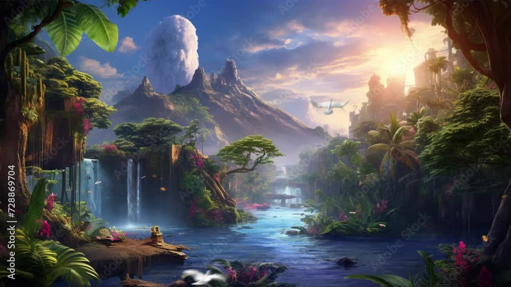 tropical Rainforest background video, with waterfall and river, tree amazing view landscape nature fantasy looping scenery