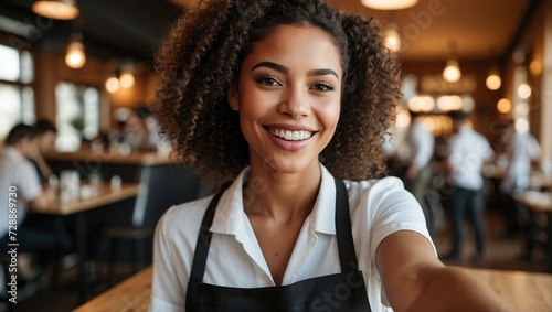 Close-up selfie of a friendly young black waitress with a charming smile, in a white shirt and black apron, in a bustling restaurant setting.