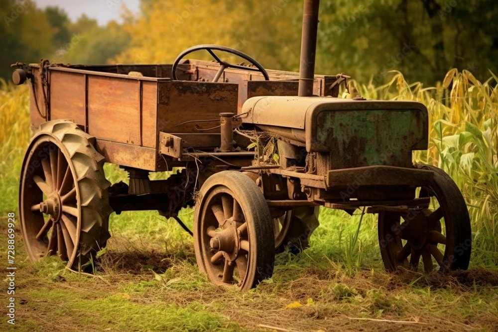 Agricultural vehicle pulling wagon. Generative AI