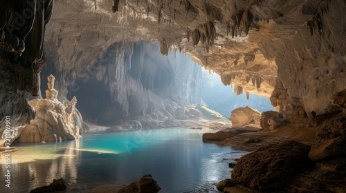 majestic cave with a beautiful lake in the background with good lighting