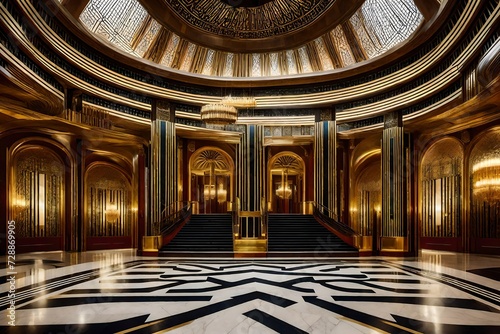 The grand foyer of an Art Deco building featuring a sweeping staircase, brass accents, and bold geometric patterns on the walls