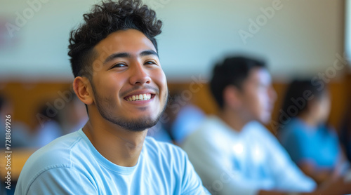 Latino male college student sitting a classroom smiling, student study in class, with copy space