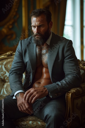 Male model with sports athletic build body, unbuttoned jacket, shirt, muscular macho