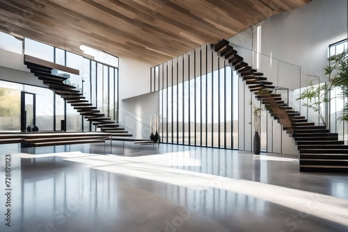 A minimalist grand entry hall with a floating staircase, polished concrete floors, and a subtle play of natural light photo