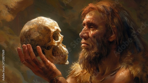 caveman holding a real human skull in an underground cave looking surprised with good lighting in high resolution