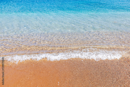 Fototapeta Naklejka Na Ścianę i Meble -  Beautiful view of sandy beach of Aegean Sea on island of Rhodes.