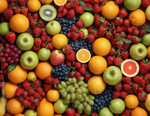 Mix of bright various fruits. view from above.