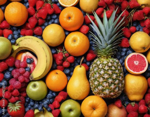 Mix of bright various fruits. view from above.