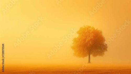 minimalistic view of a foggy autumn morning  with a single tree in the distance  its form barely visible through the mist