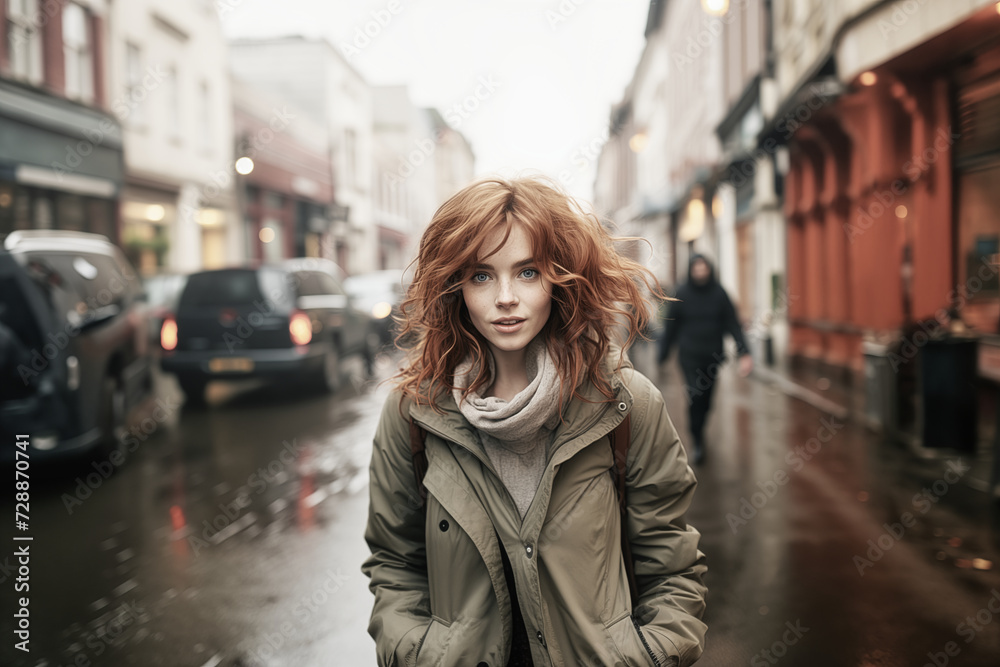 A young girl with red hair in a small town on a rainy day. AI generated.
