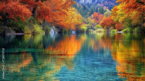 peaceful autumnal vista is captured, as a river meanders through a forest ablaze with fall colors, the water reflecting the fiery hues like a mirror