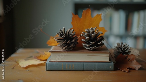 Autumn books with exposed spines rest on a clean, simple wooden table photo