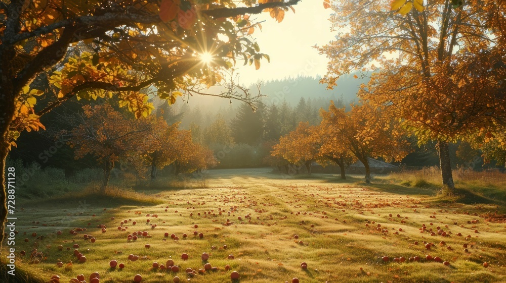Sunlight dappled through the orchard, casting golden light on the apple ...
