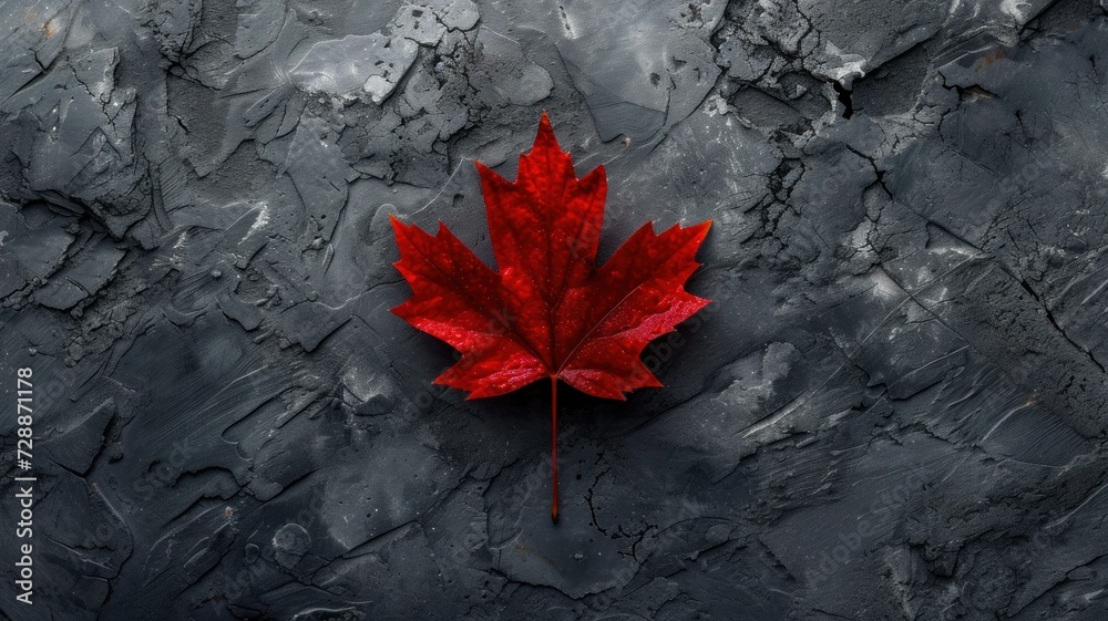 solitary red maple leaf, its veins and hues vividly displayed against a matte gray backdrop solitary red maple leaf, its veins and hues vividly displayed against a matte gray backdrop