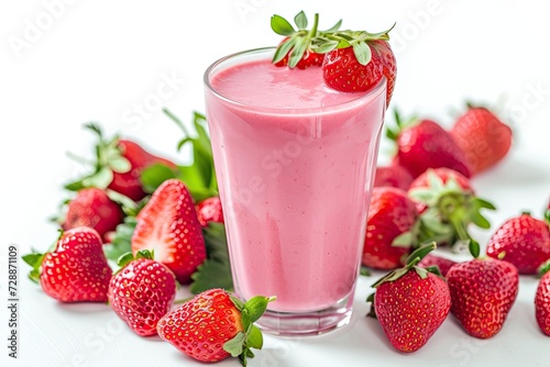 Tasty strawberry smoothie in a tall glass on a light blue backdrop