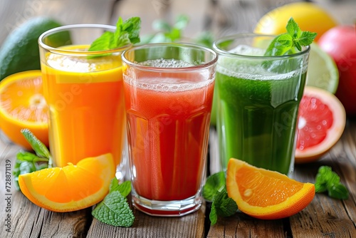 Tasty fresh juice glasses on a wooden table