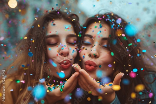 A jubilant duo celebrates with colorful confetti as they blow bubbles of joy, their beaming faces filled with pure happiness and feminine energy