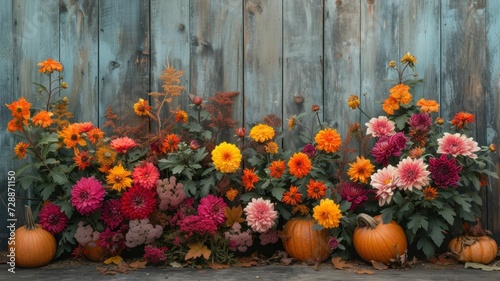 vibrant display of chrysanthemums and pumpkins set against an old wooden fence, embodying the harvest season's spirit
