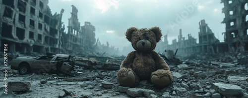 A lone teddy bear perched atop the rubble, gazing at the endless sky, a reminder of the destruction that once was on the now barren outdoor ground photo