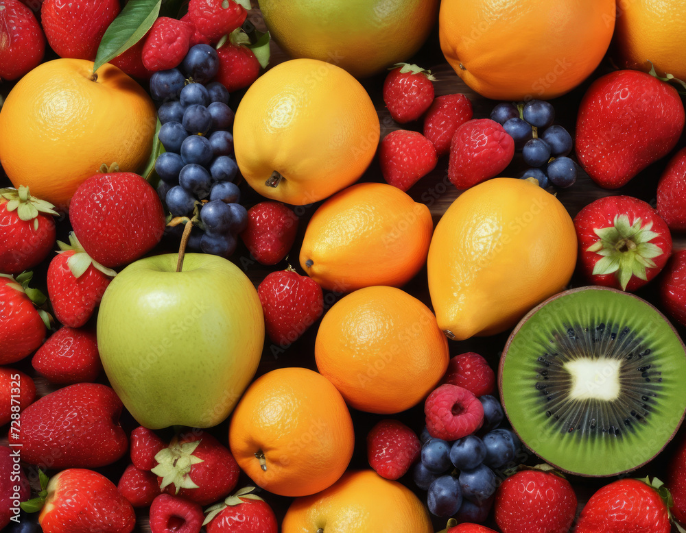 Mix of bright various fruits. view from above.