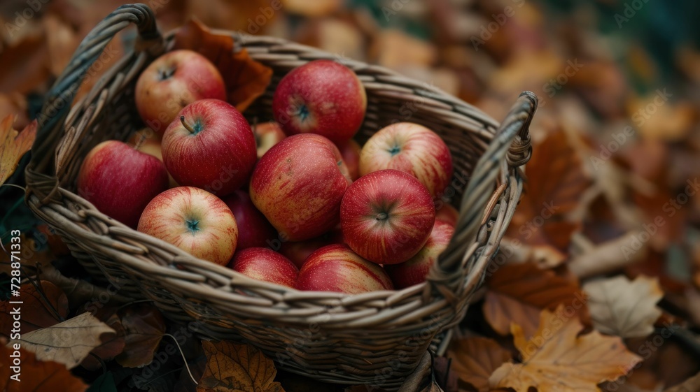 bountiful harvest of apples fills a woven basket, surrounded by a carpet of fallen leaves and bathed in warm, golden light bountiful harvest of apples fills a woven basket, surrounded by a carpet of fallen leaves and bathed in warm, golden light