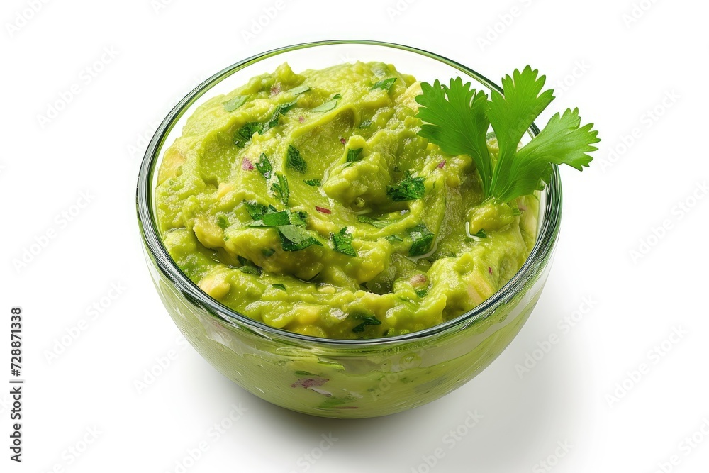 Top view of glass bowl filled with guacamole on white background with clipping path included Top view of glass bowl filled with guacamole on white background with clipping path included