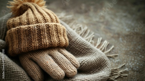 Muted autumn colors adorn a wool hat and gloves, set against a clean linen backdrop
