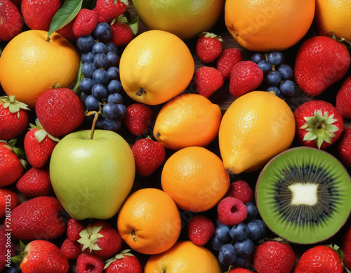 Mix of bright various fruits. view from above.