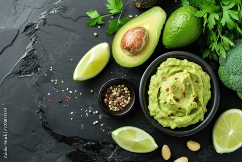 Top view of guacamole and ingredients on black marble background Copy space available
