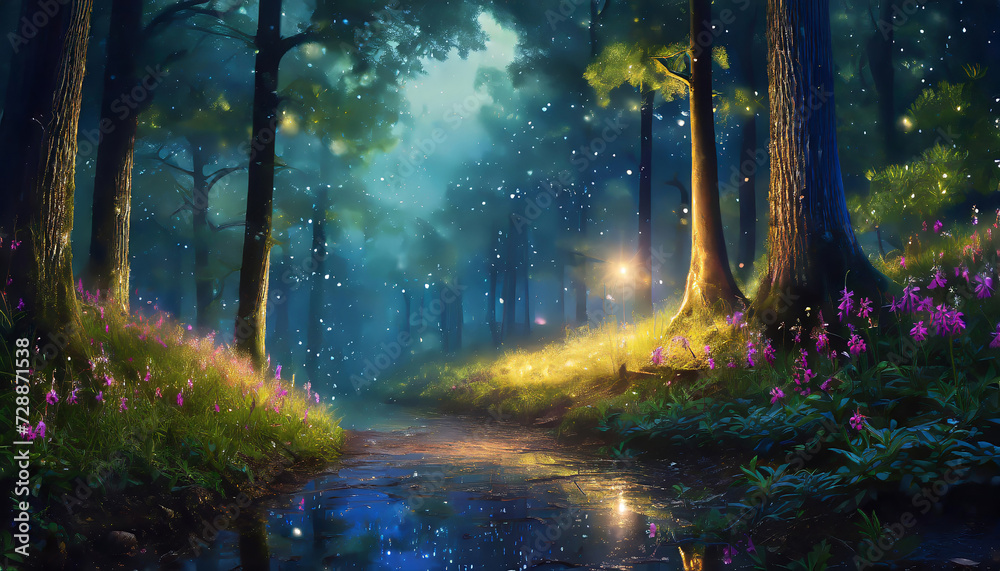 Magical dark fairy tale forest at night with glowing lights and fog und flying particles