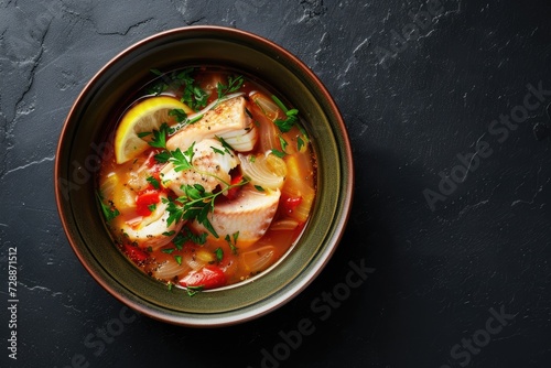 Top view of a bowl with fresh fish soup on a black background