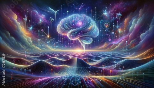 Surreal Neural Network: Dreamlike landscape of AIs intricate architecture and ethereal brain structure.