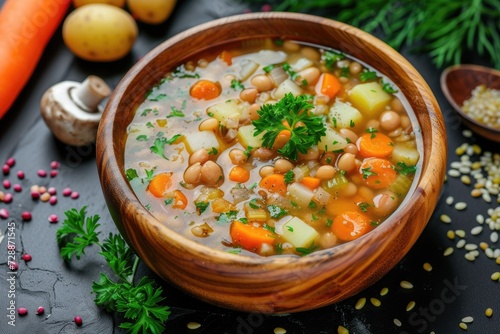 Vegan homemade barley soup with assorted vegetables in a wooden bowl on a black background photo