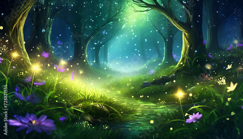 Magical dark fairy tale forest at night with glowing lights and fog und flying particles