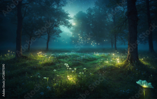 Magical dark fairy tale forest at night with glowing lights and fog und flying particles