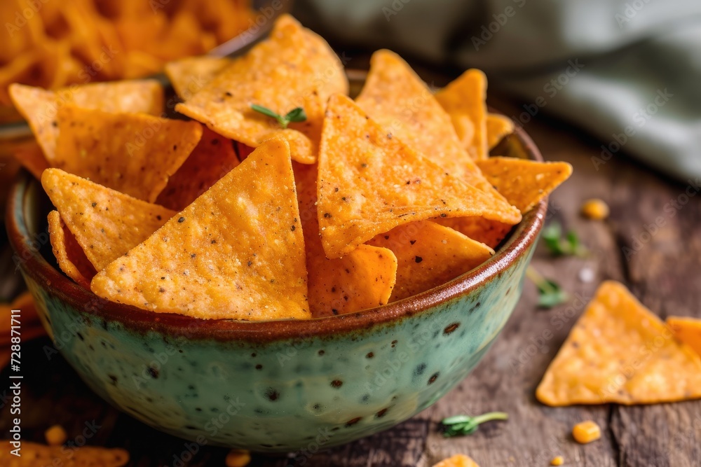Triangle shaped tortilla corn chips made at home served in a bowl Triangle shaped tortilla corn chips made at home served in a bowl