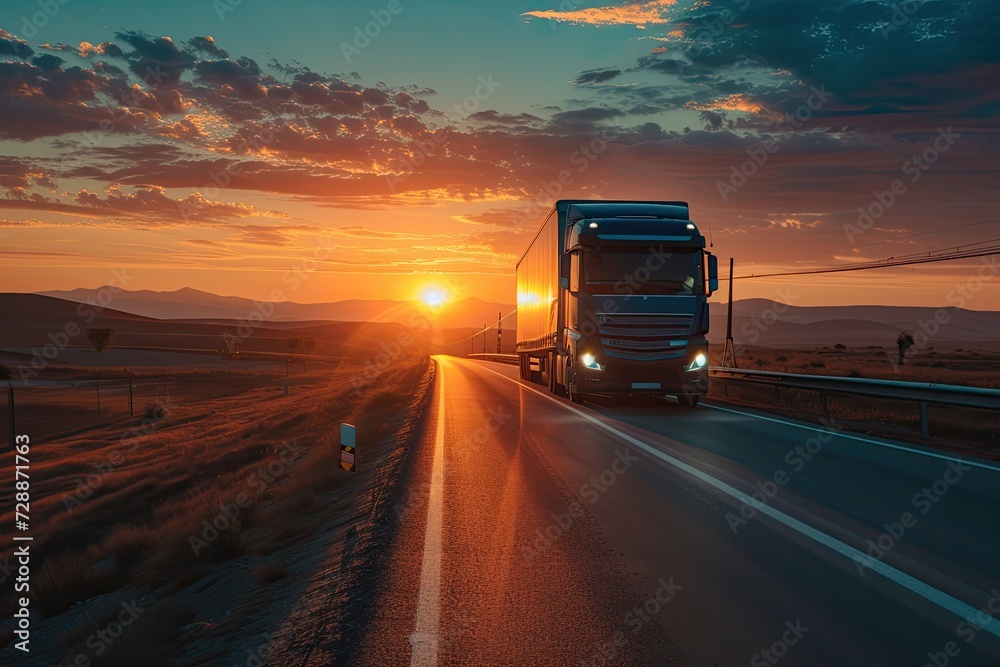 Truck driving into sunset
