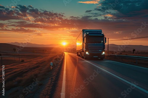 Truck driving into sunset photo