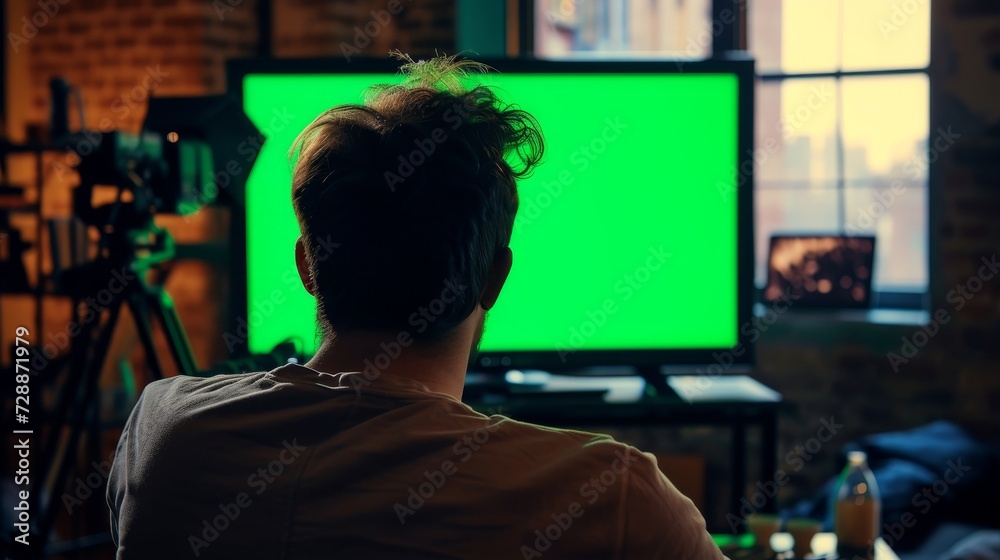 Person using technology with a green screen Person using technology with a green screen