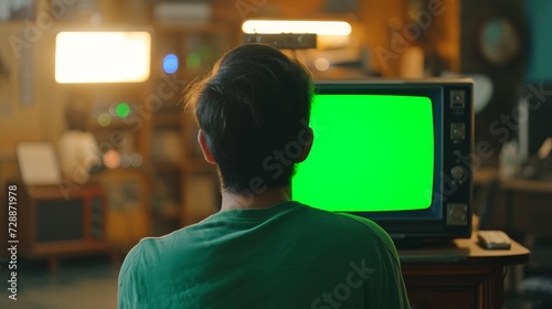 Person using technology with a green screen