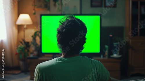 Person using technology with a green screen