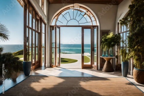 The welcoming entrance of a coastal estate with panoramic views, seagrass rugs, and a statement-making lighthouse sculpture